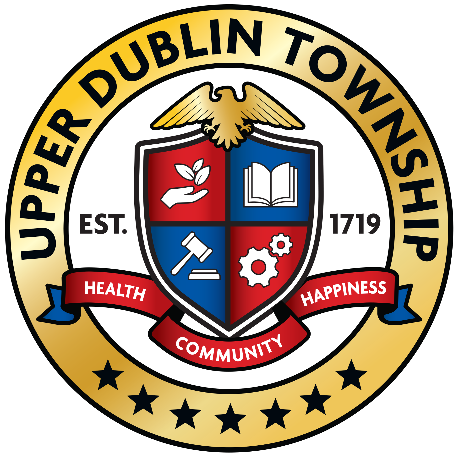 upper dublin township seal - gold circle with crest in the middle representing growth, education, government and industry.